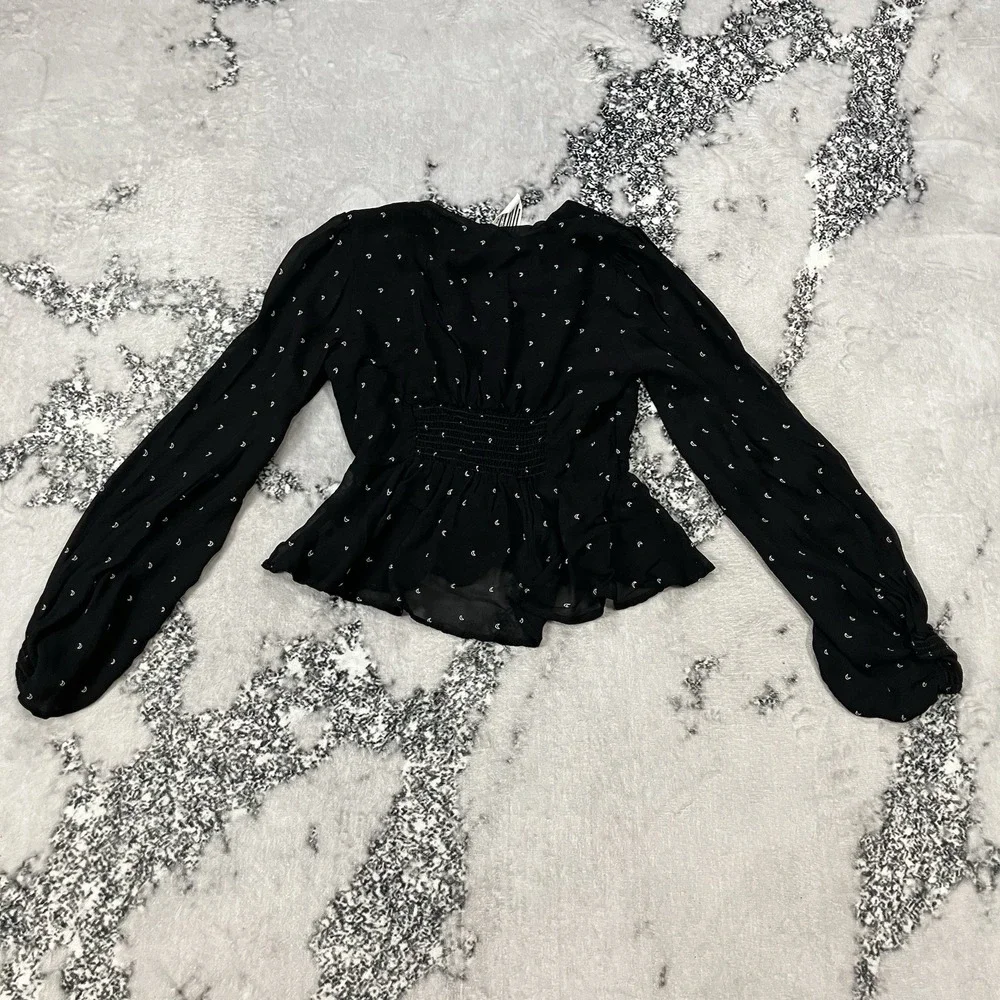 Free People Moon Child Black Crescent Moon Ruched Peplum Blouse Women's Size S